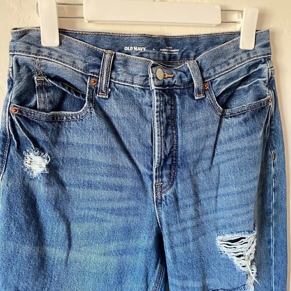 Old Navy High Rise Slouchy Straight Jeans Distressed Medium Wash - Picture 3 of 8